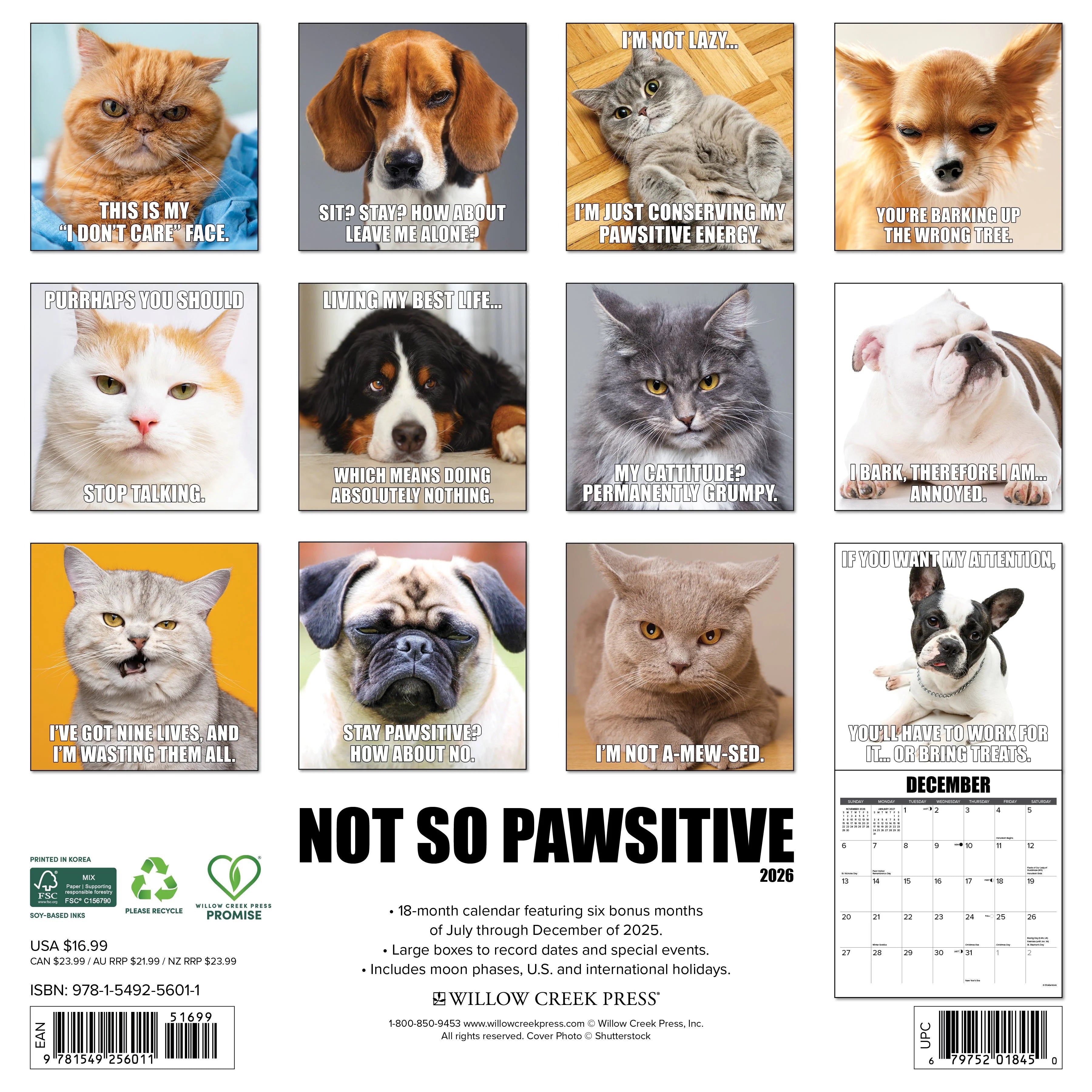2026 Not So Pawsitive 12X12 Wall Calendar 9781549256011_1c73254c-efdc-4970-be91-026111541cfc