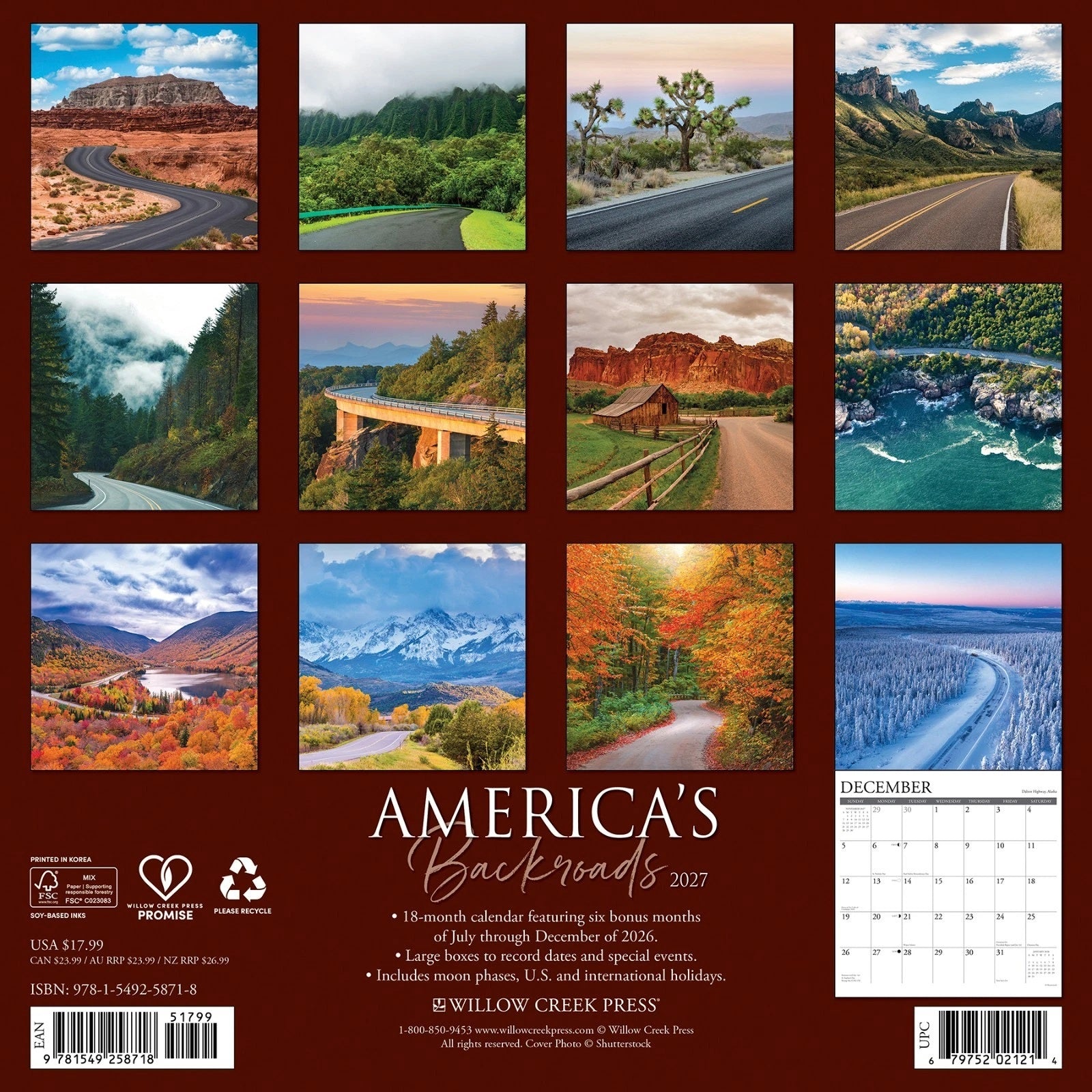 2027 Scenic America Cars Wall Calendar 12X12 20 9781549258718_bd24f786-2403-464d-9e91-2c176620389d