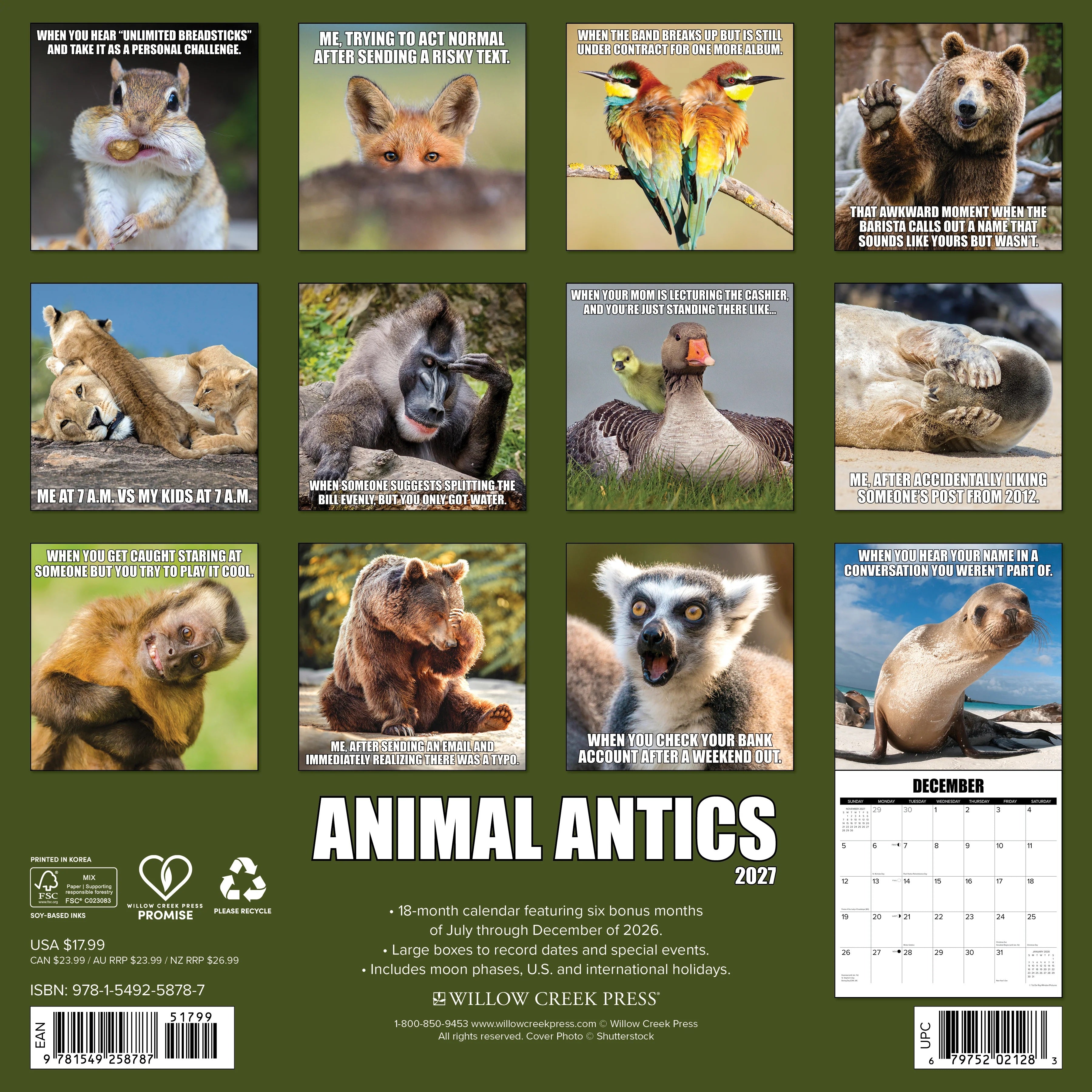 2027 Animal Antics Given Wall Calendar 12X12 20 9781549258787_42b0c579-e131-4d2b-80f3-aece88d8632f
