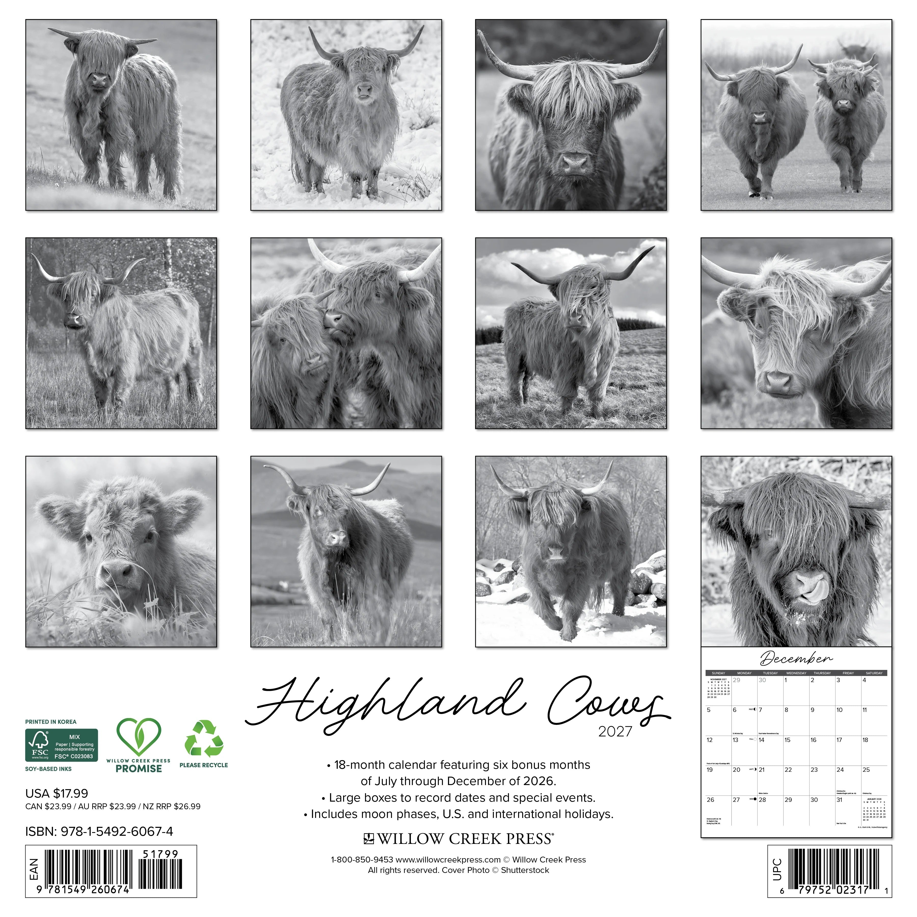 2027 Highland Cows (black & White) Wall Calendar 12X12 20 9781549260674_bbf8bc97-0415-4cbe-82d0-0d9b3f380005