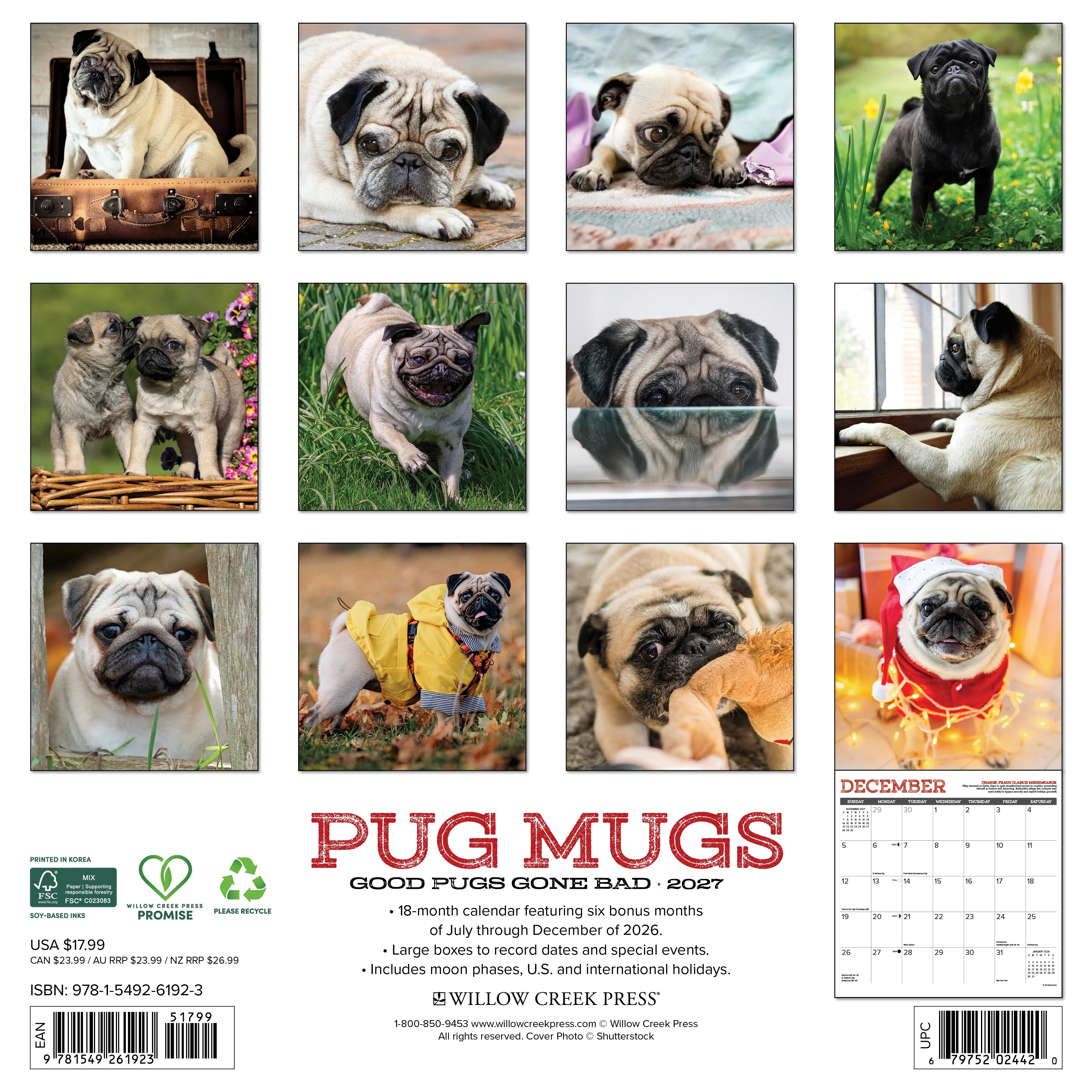 2027 Pug Mugs Wall Calendar 12X12 20 9781549261923_16fa4219-b710-40ef-aea4-92a8ce44ad4e