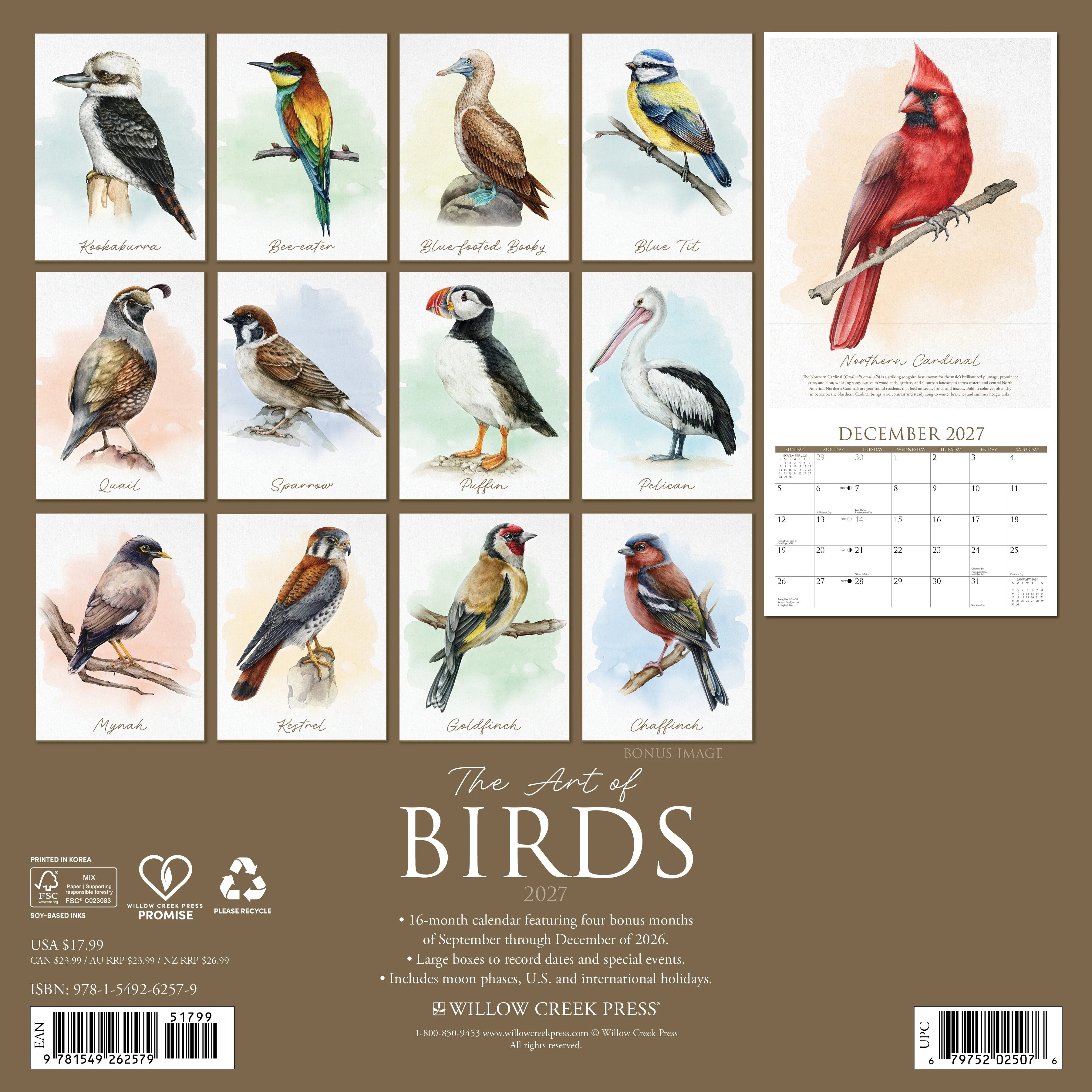 2027 the Art of Birds Wall Calendar 12X12