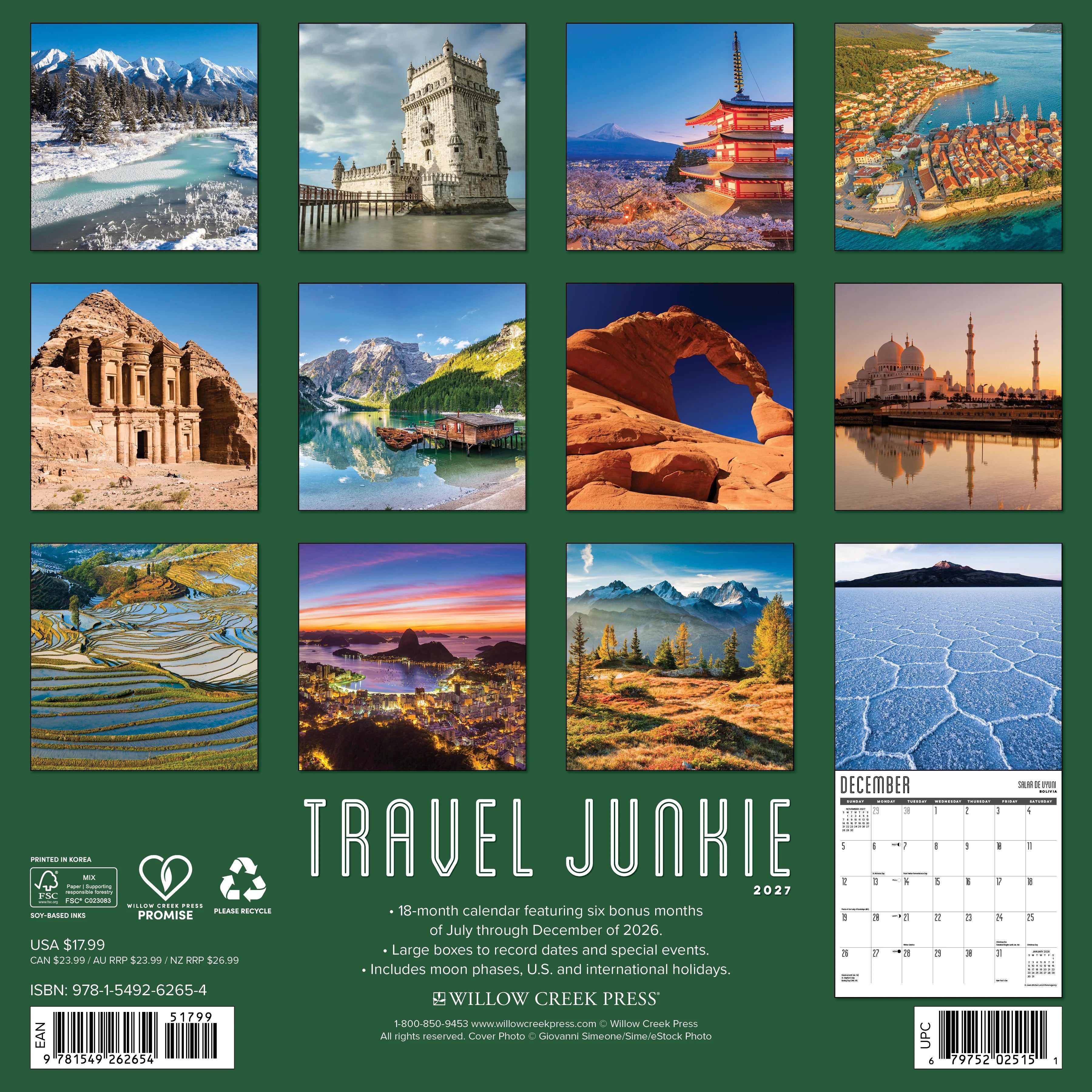 2027 Travel Junkie Wall Calendar 12X12