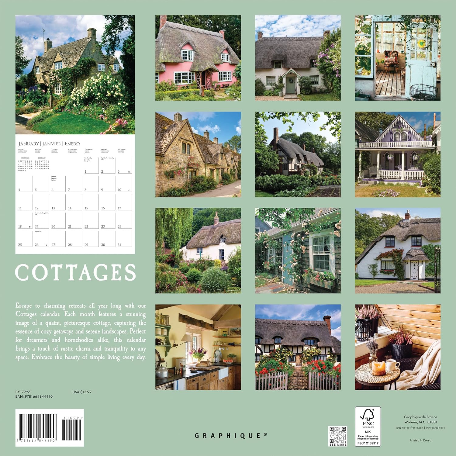 2026 Cottages 12X12 Wall Calendar 9781664844490