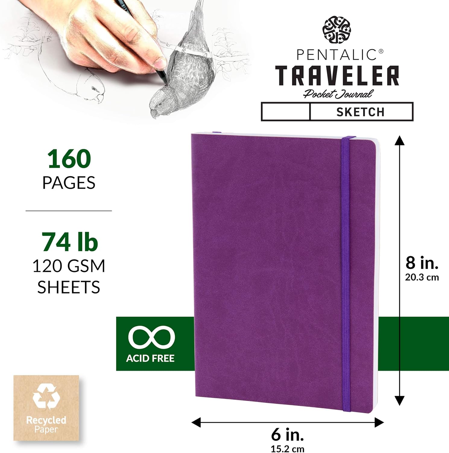 Pentalic 6" X 8" Pocket Sketchbook Traveler Journal, 160 Pages, Purple JB-25403_2
