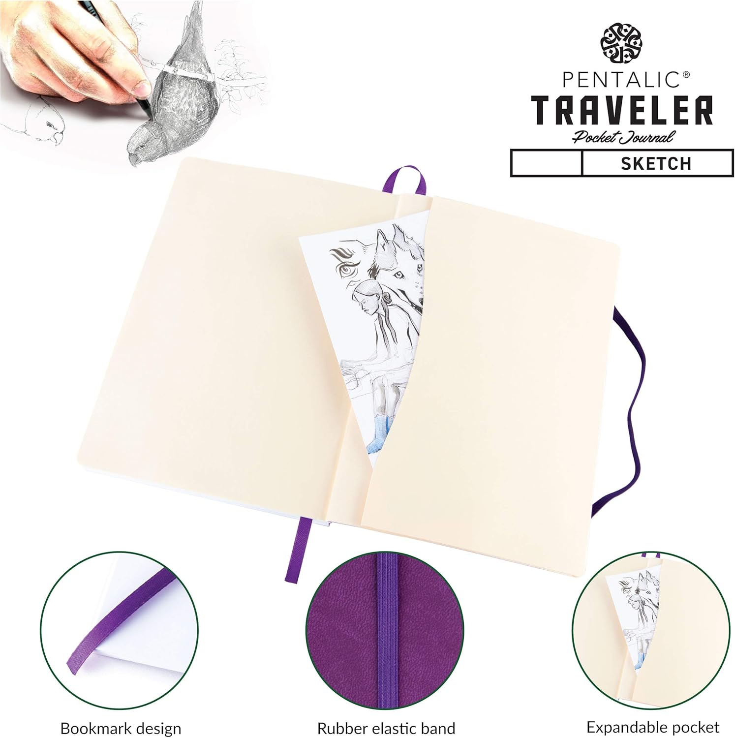 Pentalic 6" X 8" Pocket Sketchbook Traveler Journal, 160 Pages, Purple JB-25403_3