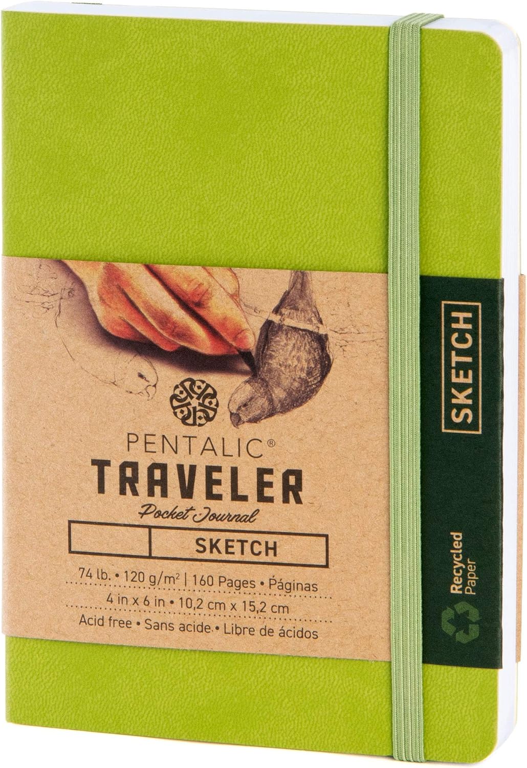 Pentalic 4" X 6" Pocket Sketchbook Traveler Journal, 160 Pages, Olive Green JB-25408