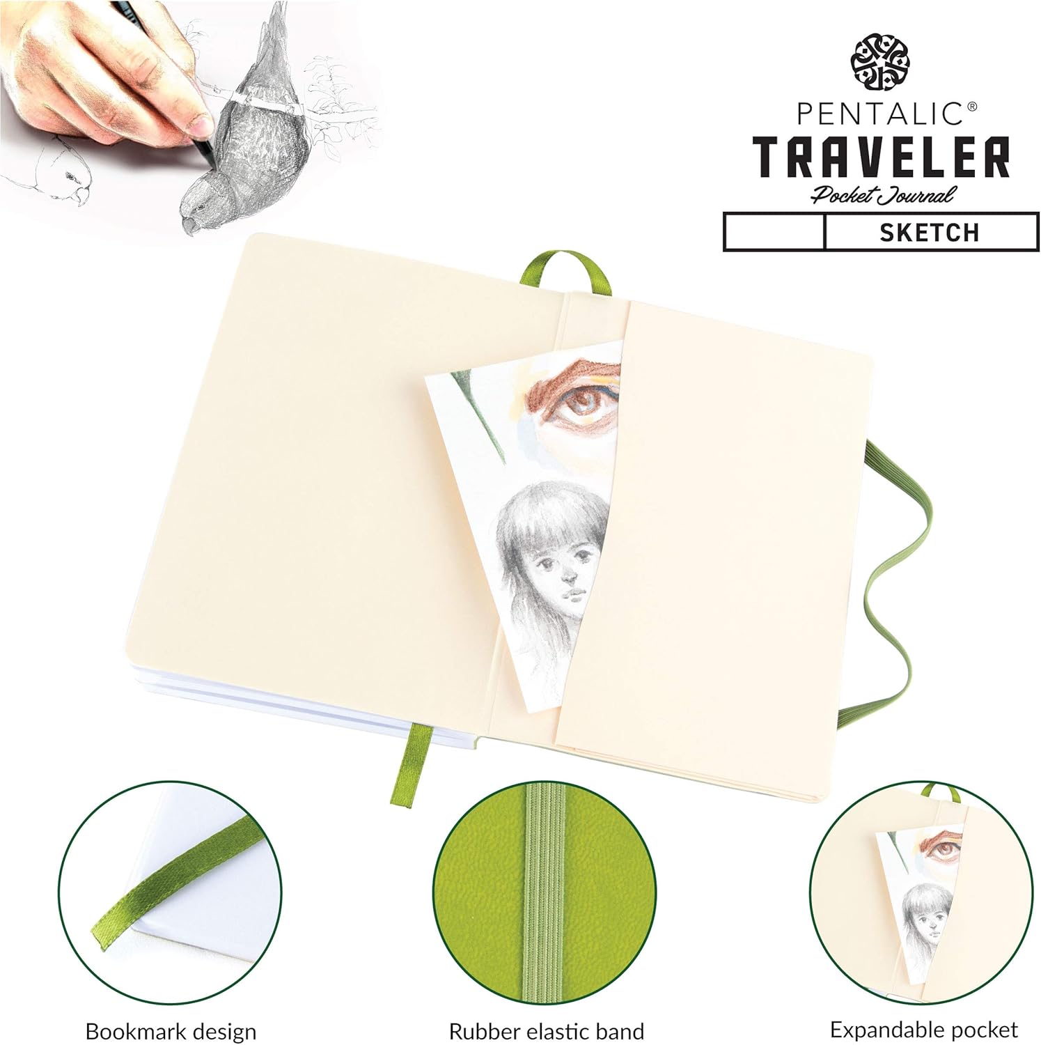 Pentalic 4" X 6" Pocket Sketchbook Traveler Journal, 160 Pages, Olive Green JB-25408_3