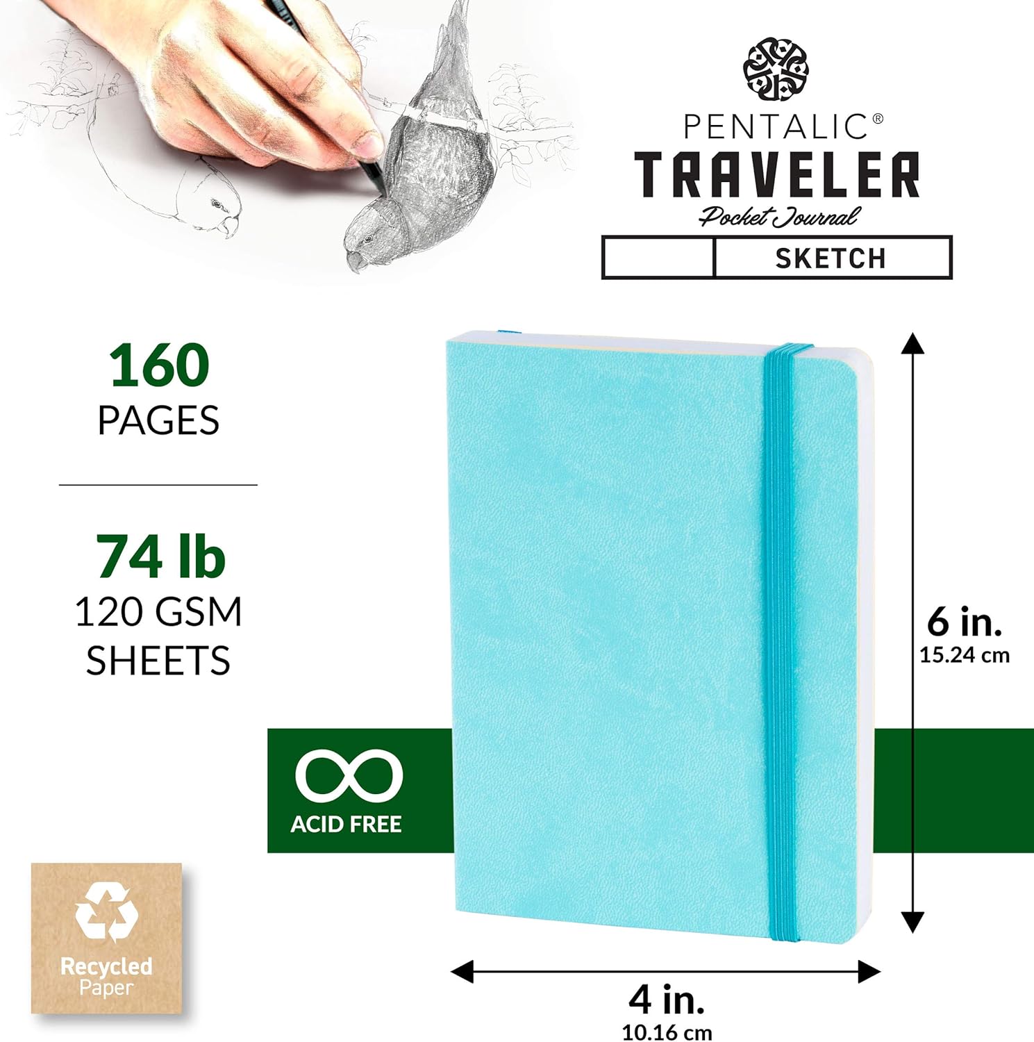 Pentalic 4" X 6" Pocket Sketchbook Traveler Journal, 160 Pages, Turquoise JB-26913_4