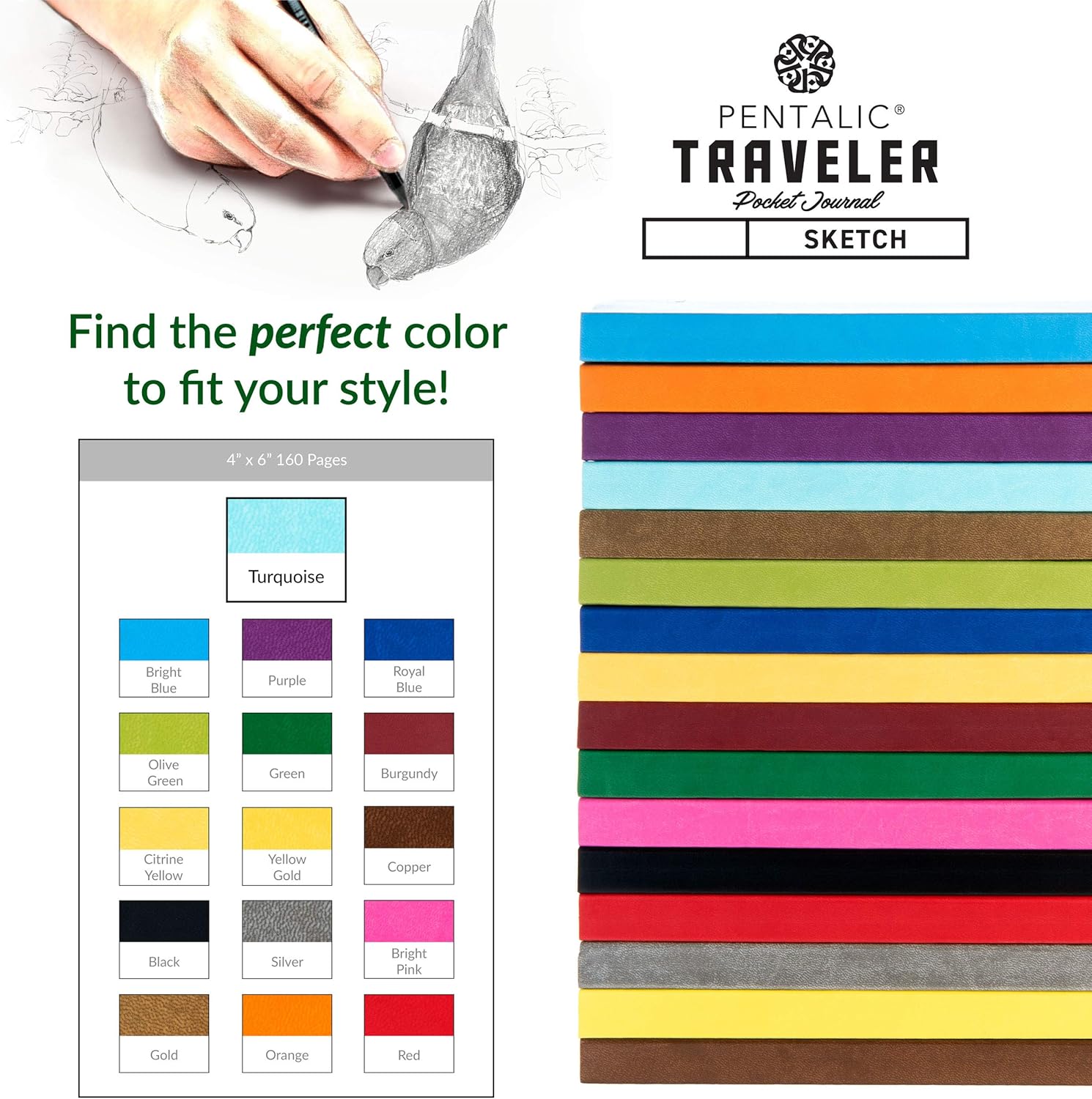 Pentalic 4" X 6" Pocket Sketchbook Traveler Journal, 160 Pages, Turquoise JB-26913_5