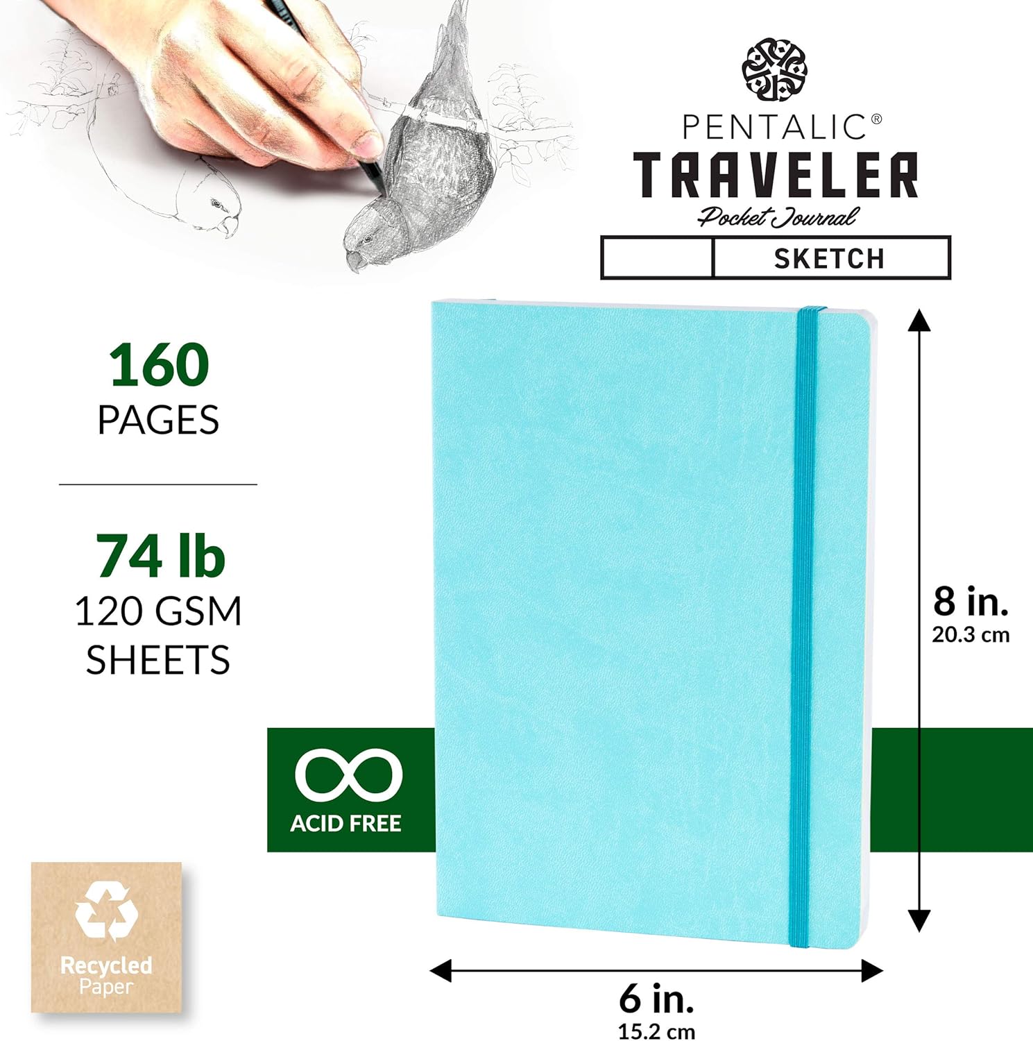 Pentalic 6" X 8" Pocket Sketchbook Traveler Journal, 160 Pages, Turquoise JB-27930_2
