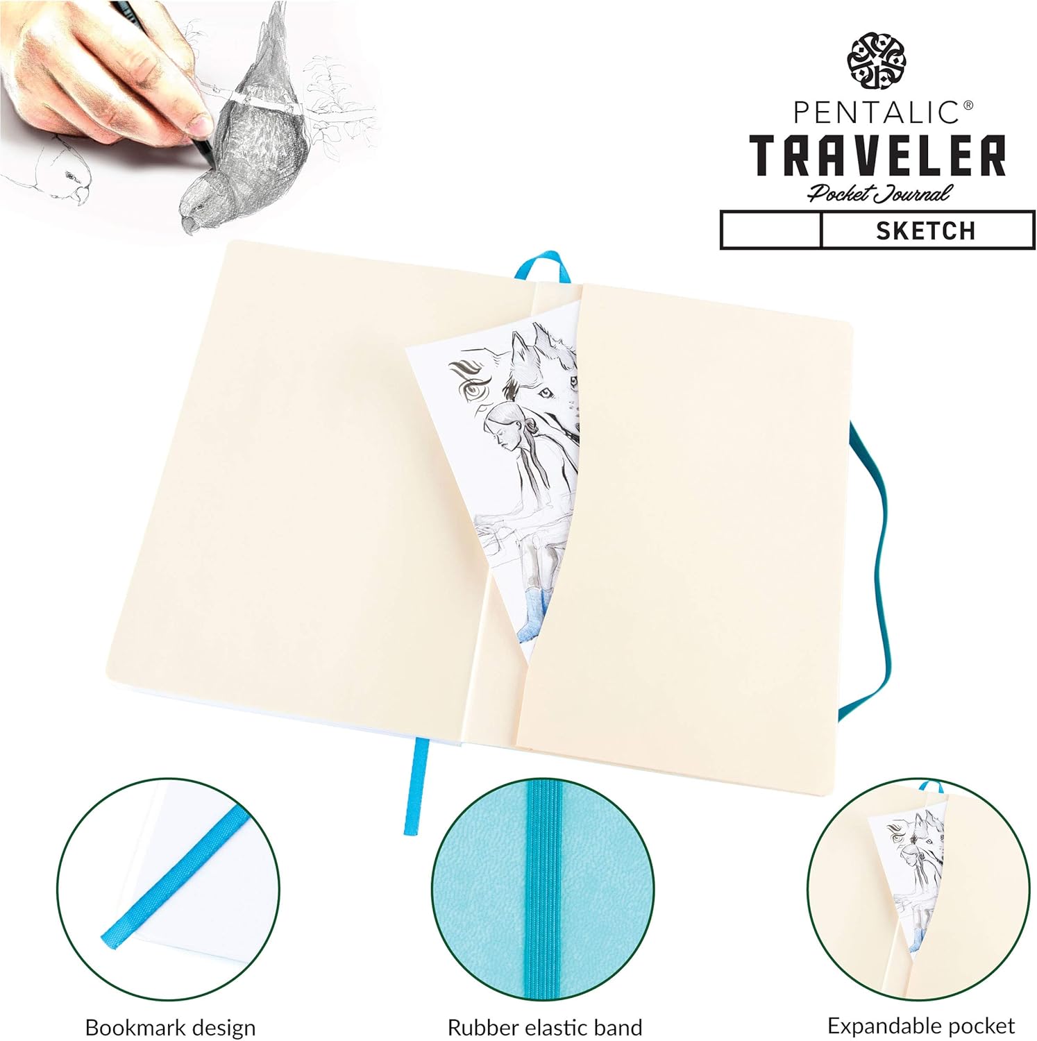 Pentalic 6" X 8" Pocket Sketchbook Traveler Journal, 160 Pages, Turquoise JB-27930_3