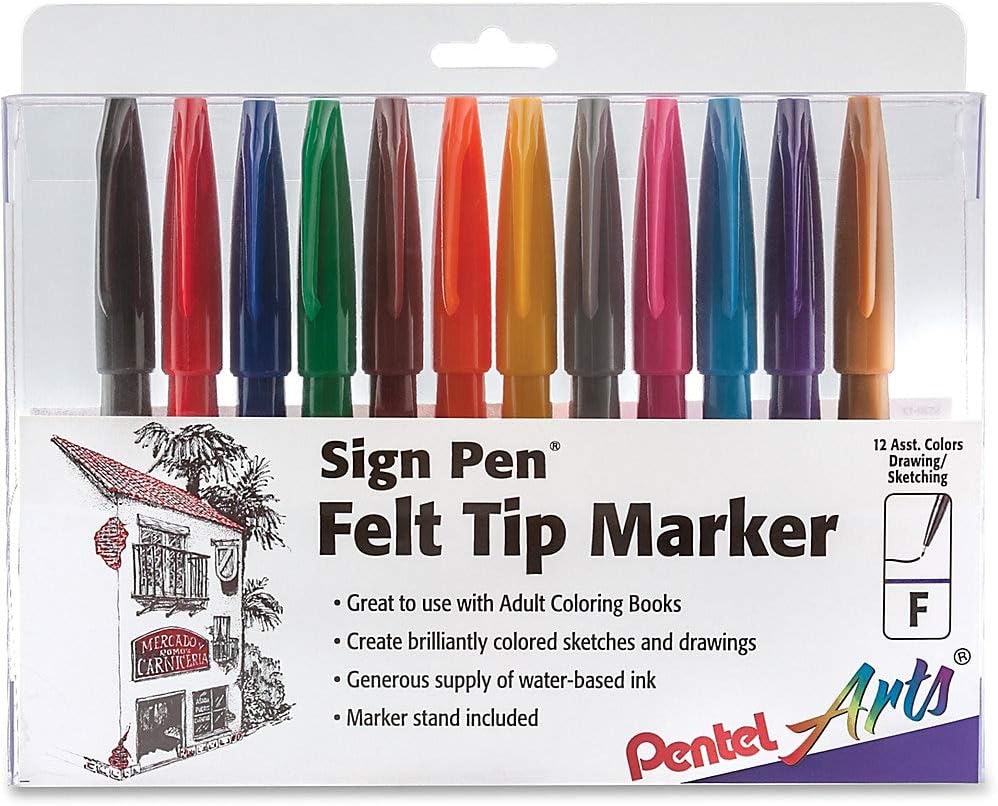 Pentel Felt Tip Sign Pen, Set Of 12 Assorted Colors Arts & Crafts JB-34045_2406a59b-611e-427b-a24c-d7aa61c1651f