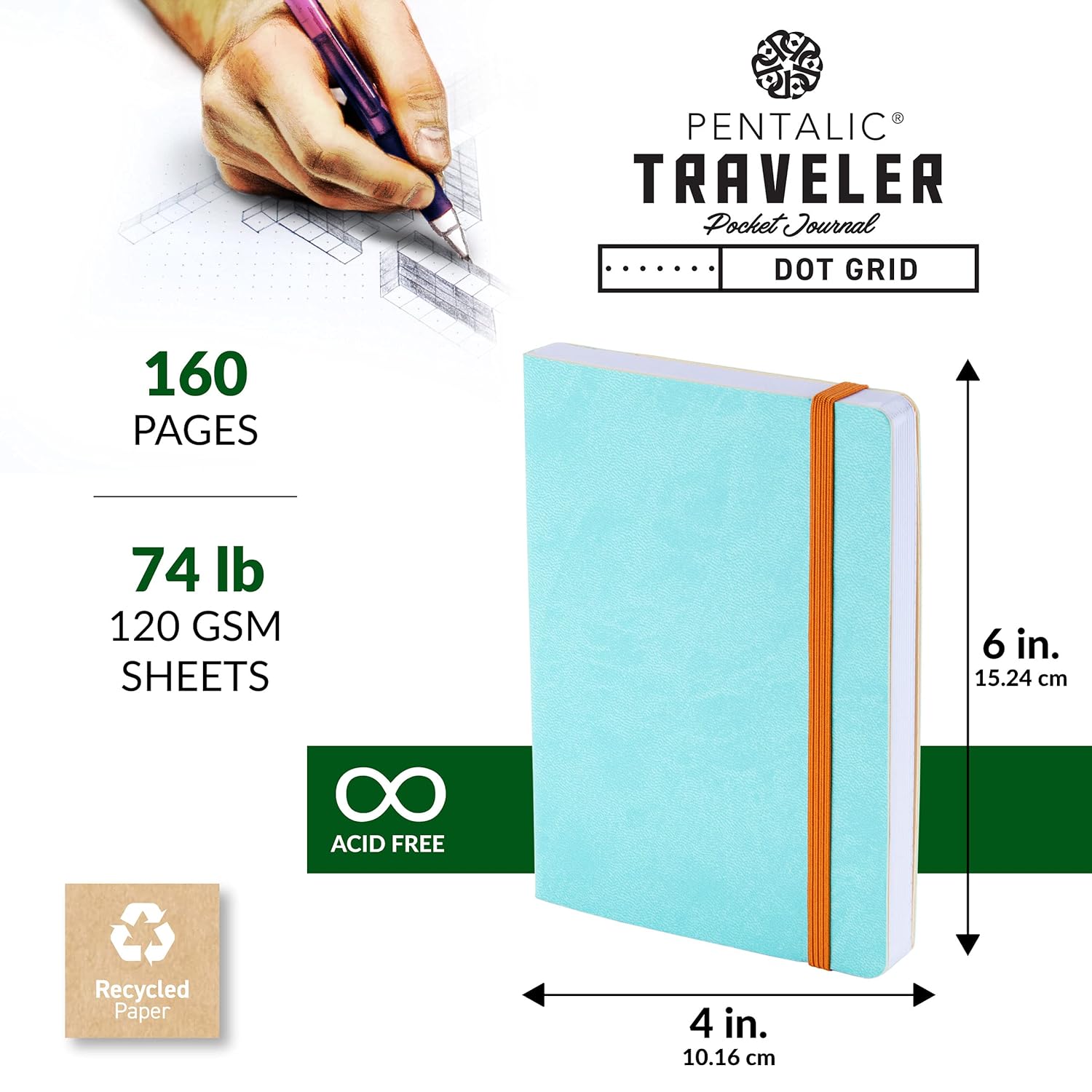 Pentalic 4 X 6" Pocket Dot Grid Traveler Journal, 160 Pages, Turquoise Blue JB-42296_2