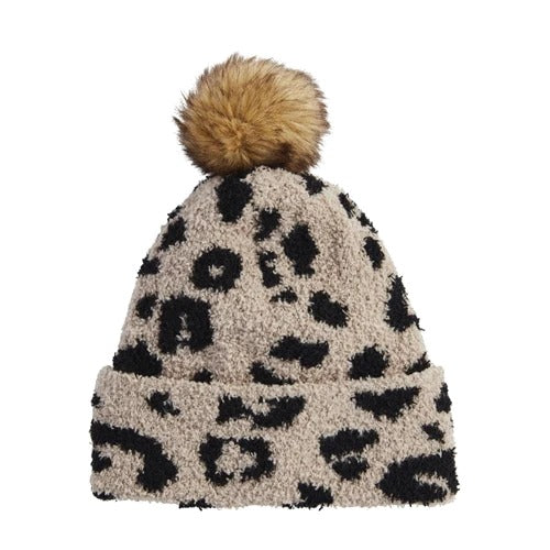 LEOPARD CHENILLE CUFFED BEANIE WITH FAUX FUR POM, TAN MW-19029_26fb2035-cf33-4acd-a8e2-6c4dea8ec2c0