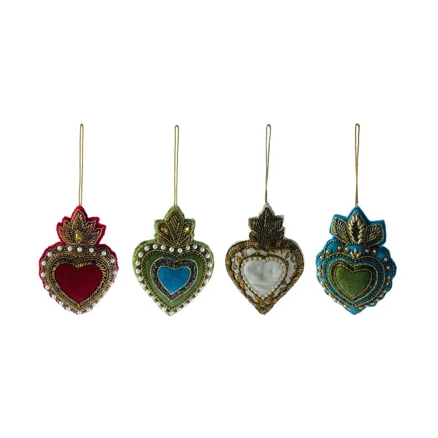Beaded Velvet Sacred Heart Ornament - (1 Item – Random Color) MW-21922